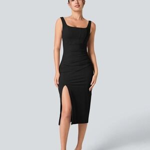 Halara Black Ruched Square Neck Corset Bodycon Slit Midi Dress XL
